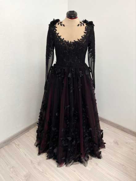 KARINA black and red 3d floral tulle dress