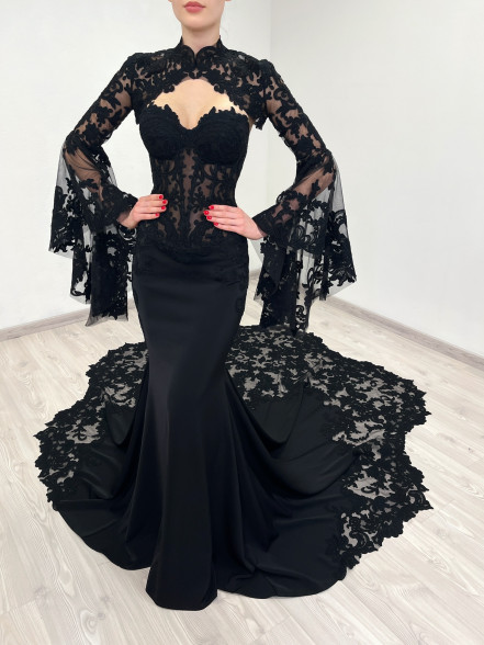 NESTA sheer corset gown with scalloped lace train