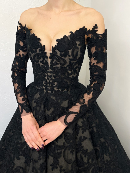 SCARLETT beige and black off the shoulder gown