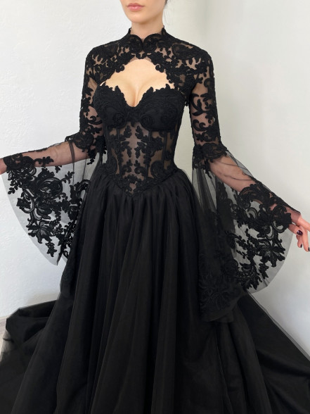 EDEN sheer corset tulle gown with bell sleeve top