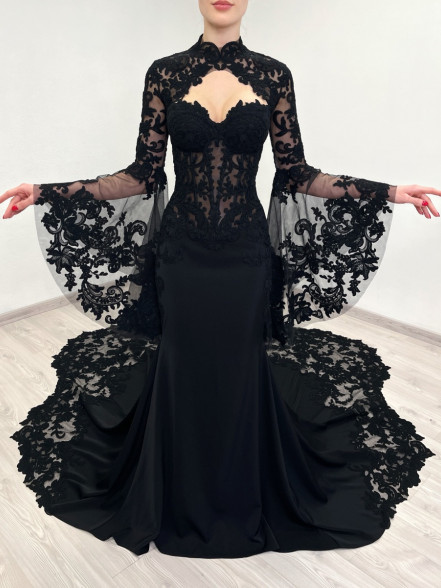 NESTA sheer corset gown with scalloped lace train