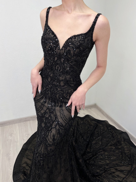 GISELLE black and beige beaded gown with open back